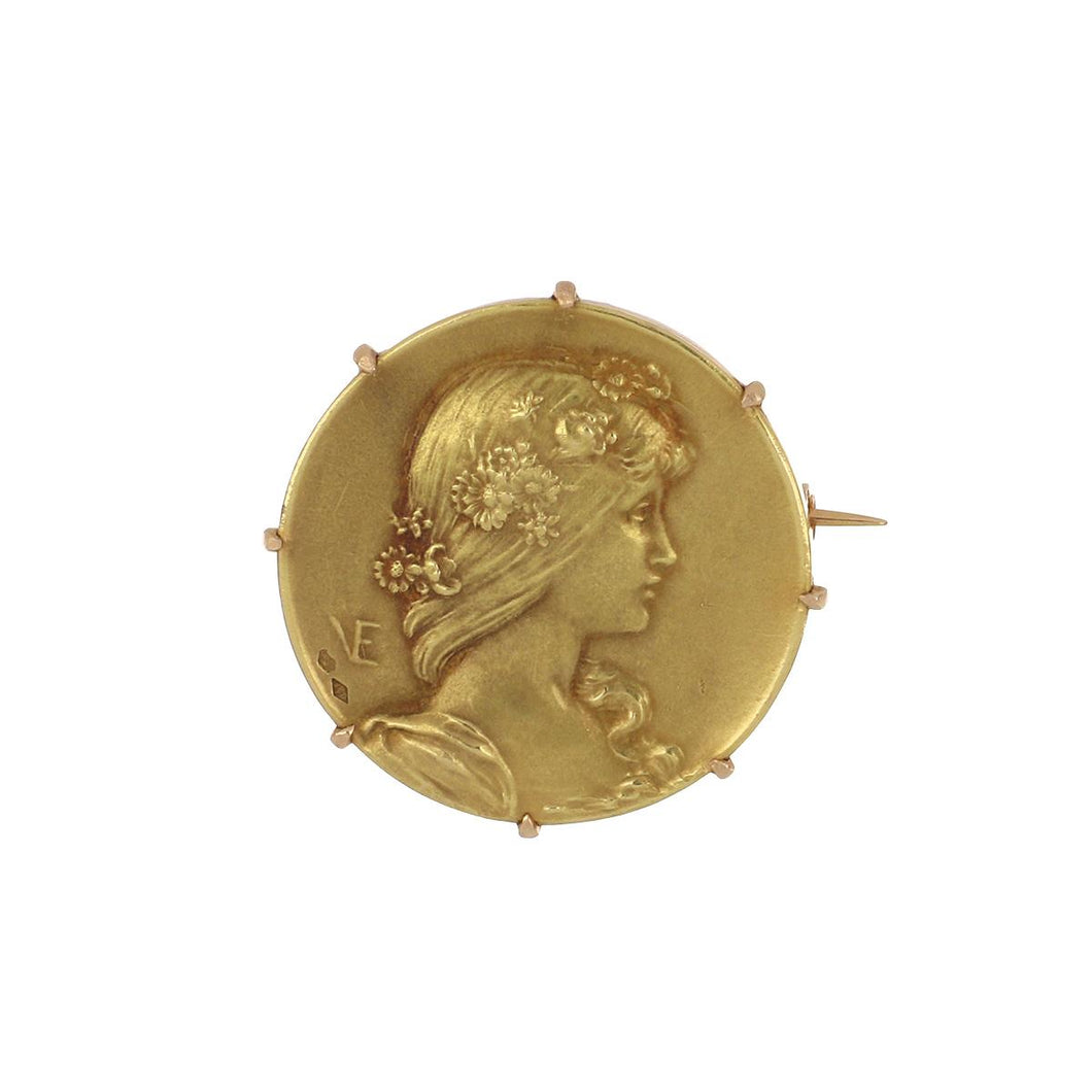 Antique French Art Nouveau 18K Gold Woman Pin/Pendant