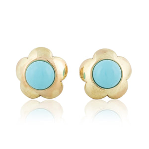 Estate Effedue 18K Gold and Turquoise Stylized Flower Earrings