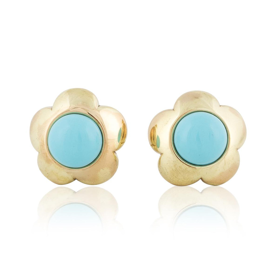 Estate Effedue 18K Gold and Turquoise Stylized Flower Earrings