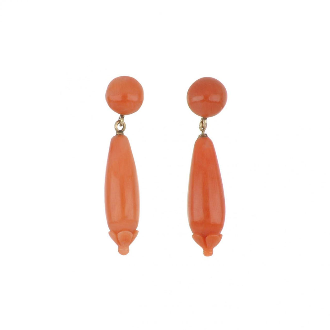 Victorian 14K Gold Coral Small Torpedo Drop Earrings