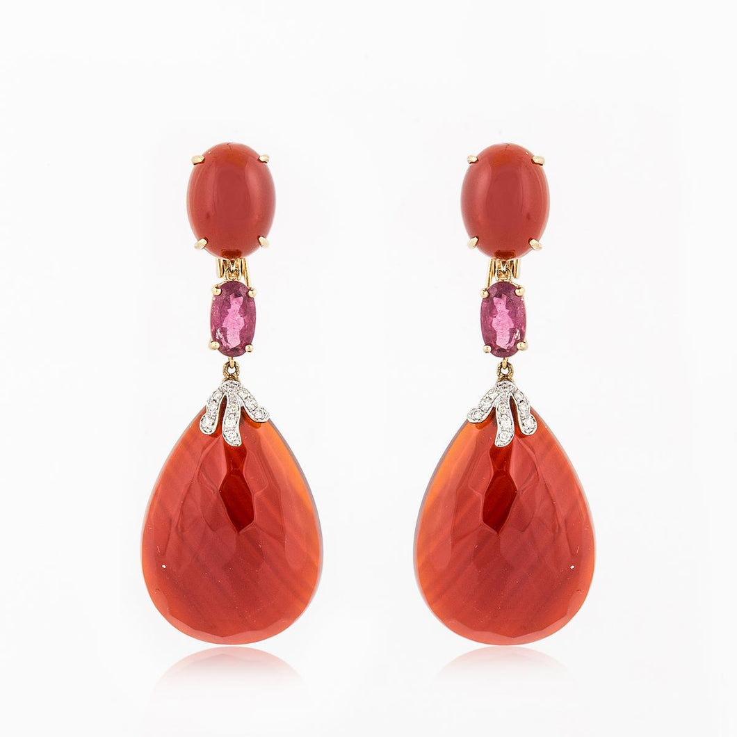 18K Gold Agate and Tourmaline Drop Earrings