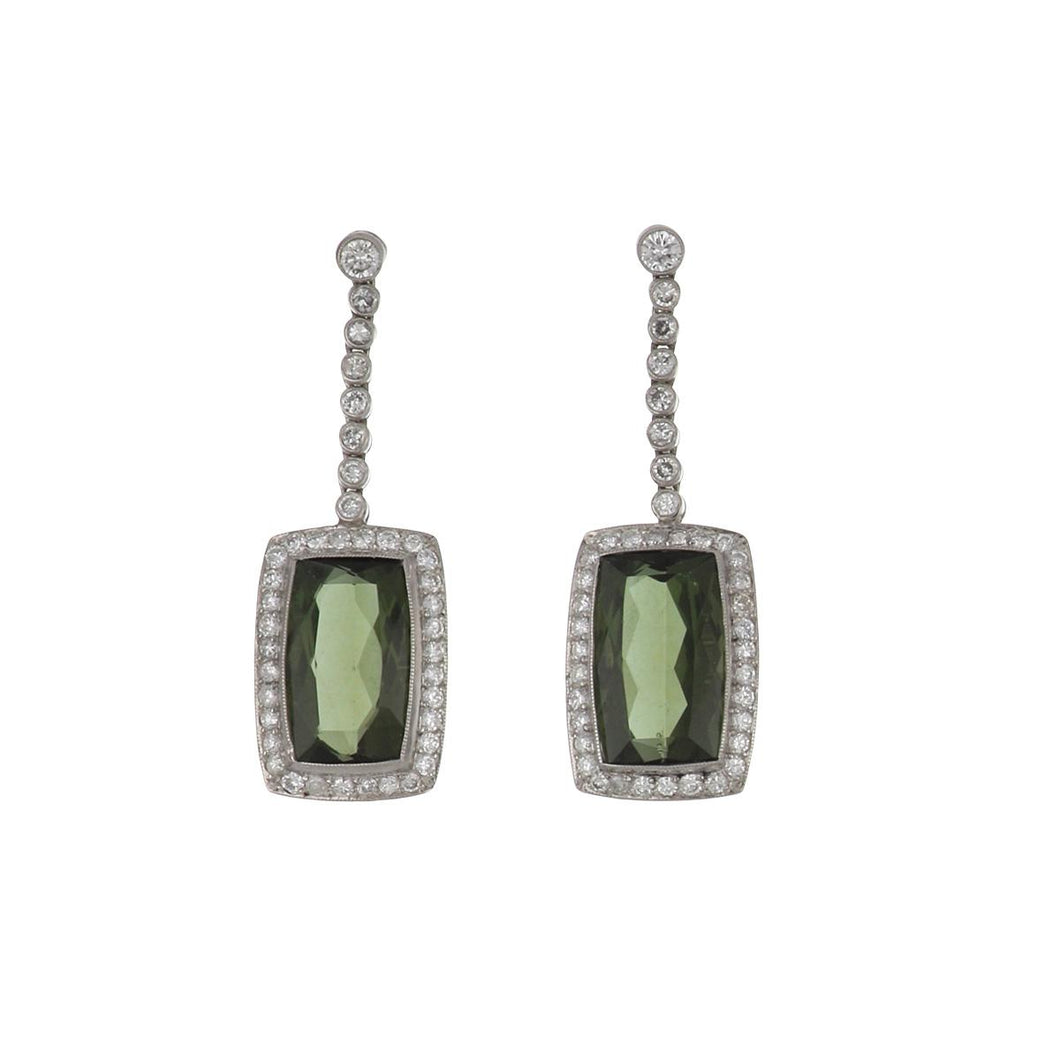 Modern Estate Platinum Diamond and Green Tourmaline Earrings