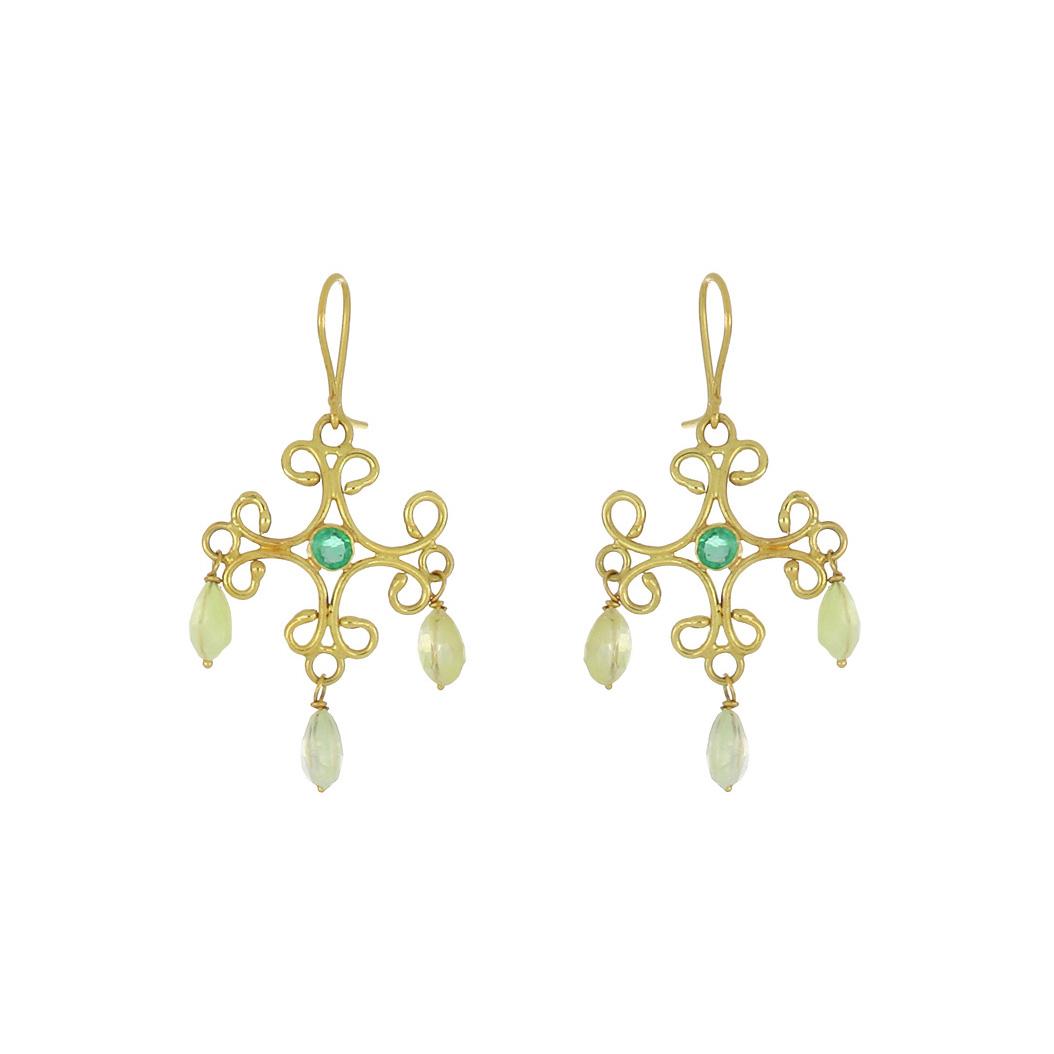 Estate 18K Gold Openwork Emerald and Prehnite Briolette Drop Earrings