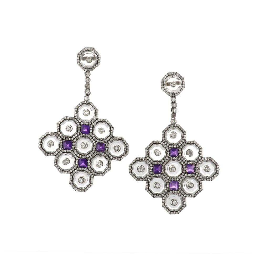 14K Gold and Sterling Silver Rock Crystal and Amethyst Earrings with Diamonds