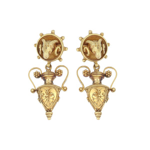 Victorian 18K Gold Etruscan Revival Drop Earrings with Ram's Head Tops
