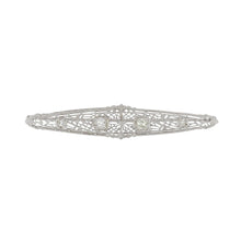 Load image into Gallery viewer, Art Deco 14K White Gold Filigree Bar Pin with Old Mine-Cut Diamonds
