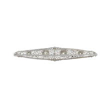 Load image into Gallery viewer, Art Deco 14K White Gold Filigree Bar Pin with Old Mine-Cut Diamonds
