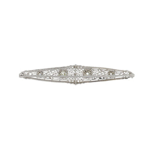 Art Deco 14K White Gold Filigree Bar Pin with Old Mine-Cut Diamonds