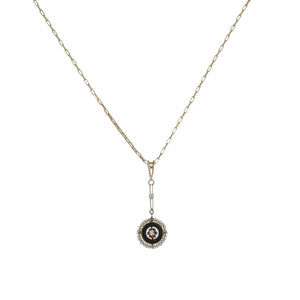 14K Gold Seed Pearl and Black Enamel Pendant Necklace with Diamond
