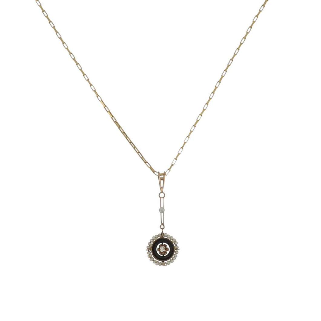 14K Gold Seed Pearl and Black Enamel Pendant Necklace with Diamond