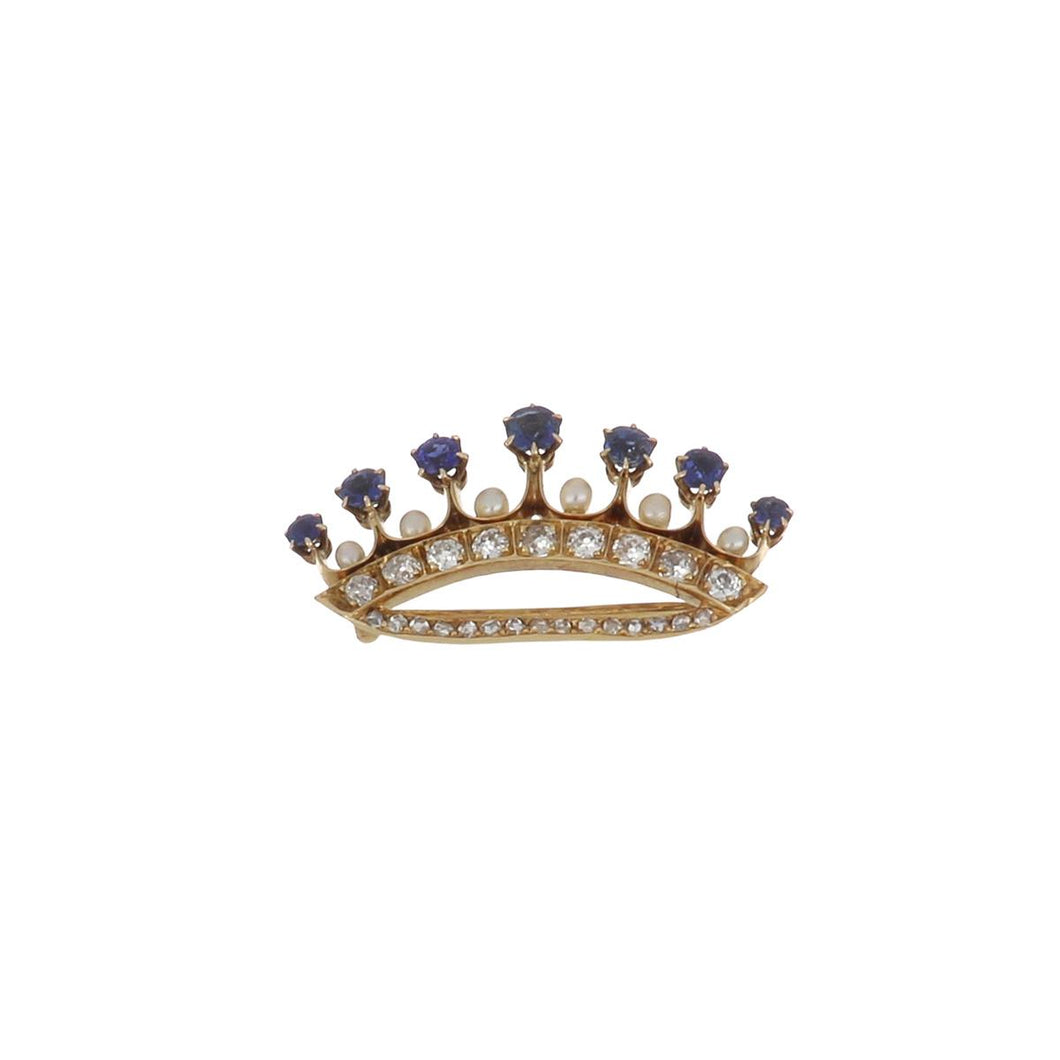 Victorian 14K Gold Diamond and Sapphire Crown Pin with Seed Pearls