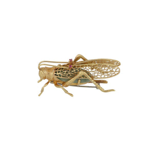 Estate Italian 18K Gold Grasshopper Pin with Serpentine and Rubies