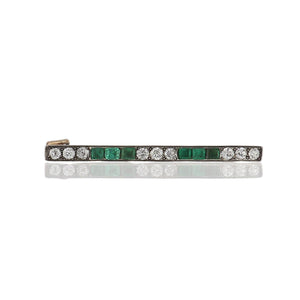 Edwardian Silver-Topped 14K Gold Emerald and Diamond Bar Pin