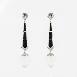 18K White Gold Rock Crystal and Onyx Dangle Earrings