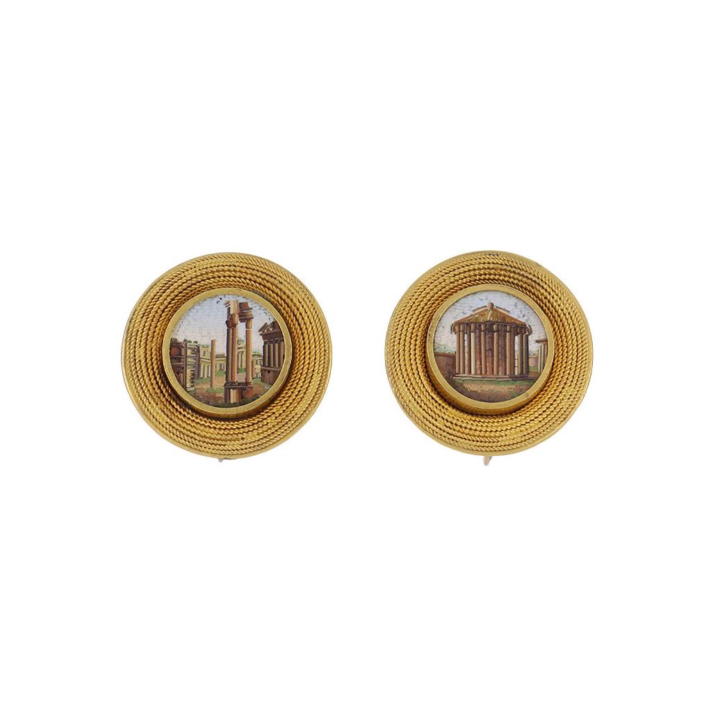 Important Victorian 18K Gold Micromosaic Architectural Scene Earrings
