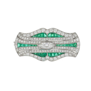 Important Art Deco Platinum Calibré-Cut Emerald and Diamond Pin/Pendant