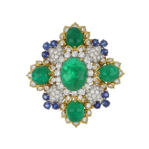 Estate 18K Gold and Platinum Cabochon Emerald Brooch with Sapphires and Diamonds