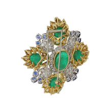 Load image into Gallery viewer, Estate 18K Gold and Platinum Cabochon Emerald Brooch with Sapphires and Diamonds
