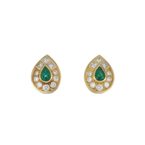 Estate 18K Gold Tear Drop Shape Emerald and Diamond Earrings