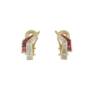 Estate 18K Gold Angular Ruby and Diamond Earrings