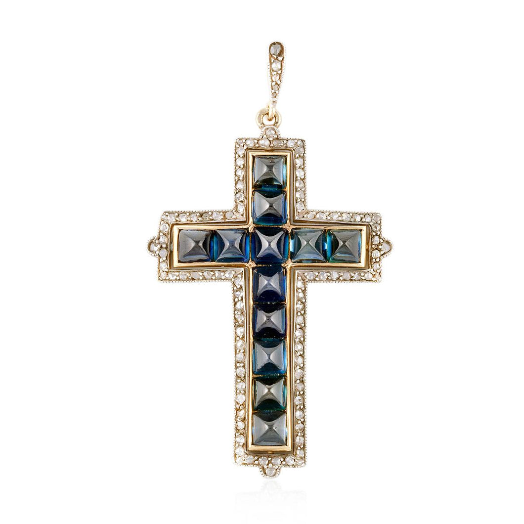 18K Gold and Sterling Silver Sapphire Cross Pendant