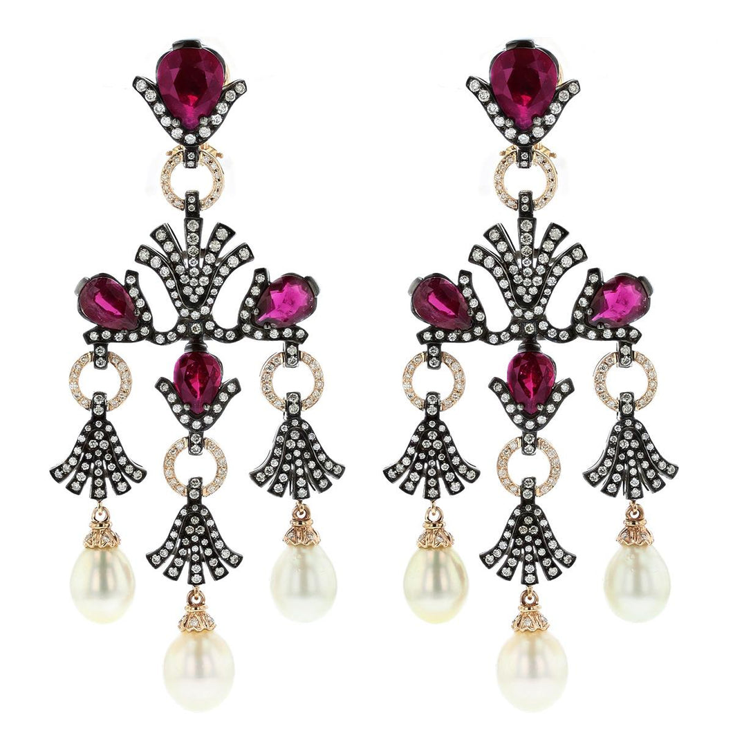 Zorab 18K Gold and Palladium Rubellite and Pearl Chandelier Earrings