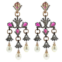 Load image into Gallery viewer, Zorab 18K Gold and Palladium Rubellite and Pearl Chandelier Earrings
