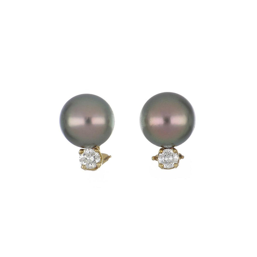 18K Gold Cultured Tahitian Pearl Stud Earrings with Diamonds