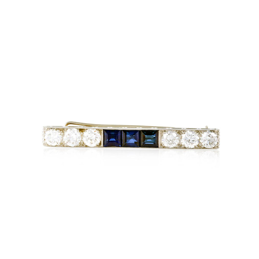 Art Deco Platinum Diamond and Square-Cut Sapphire Line Brooch