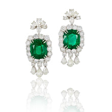 Load image into Gallery viewer, Platinum Cushion-Cut Emerald and Diamond Drop Earrings
