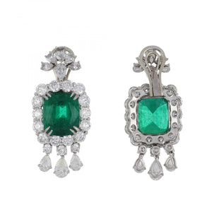 Platinum Cushion-Cut Emerald and Diamond Drop Earrings
