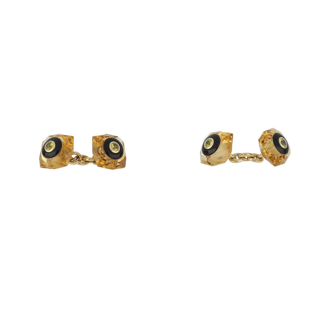 Estate Trianon 18K Gold Citrine and Onyx Cufflinks and 4 Studs with Yellow Sapphires