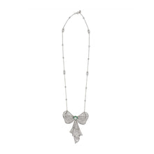 Load image into Gallery viewer, Edwardian Platinum Diamond and Emerald Bow Brooch/Pendant on Diamond Chain
