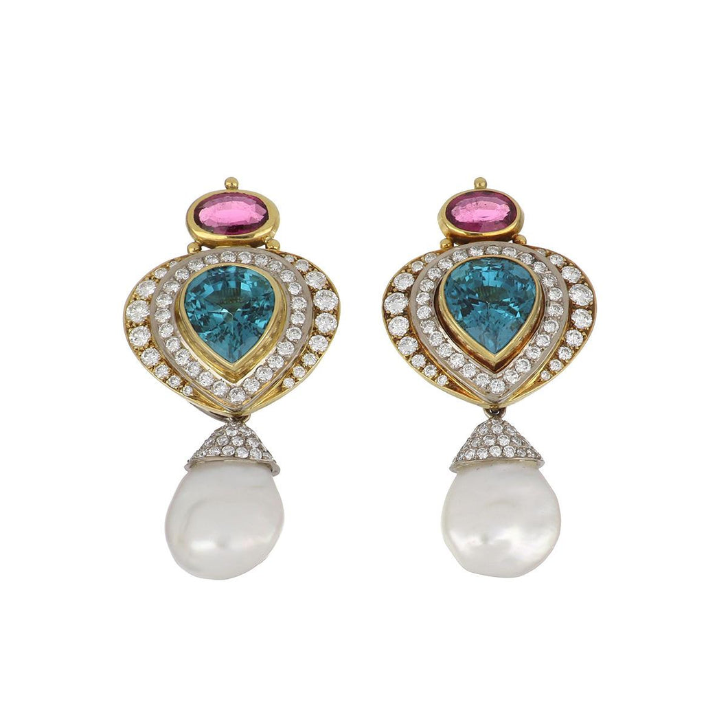 Important Estate Elizabeth Gage 18K Gold Indicolite and Rubellite Tourmaline and Diamond Earrings with Detachable Baroque Pearls