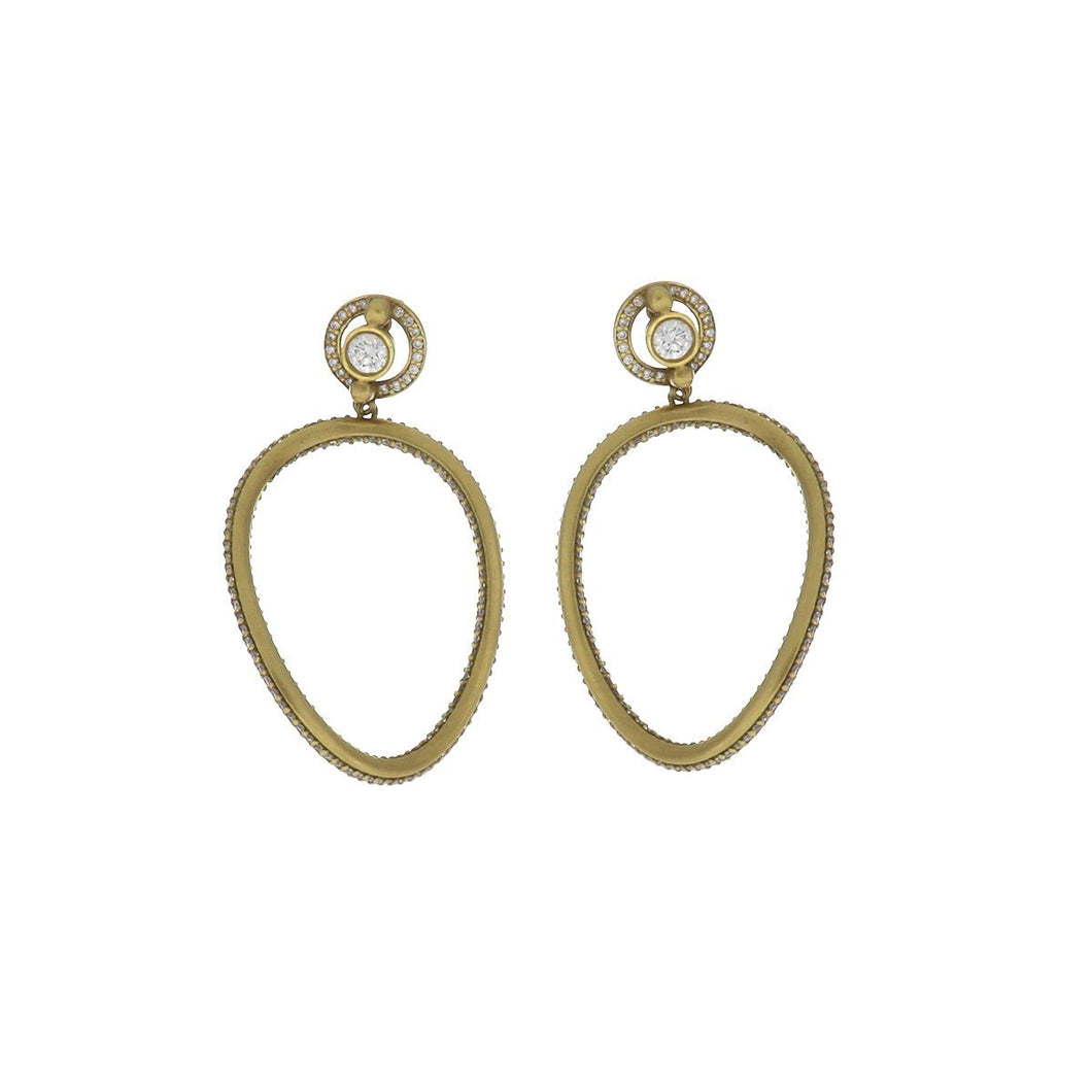 Modern Estate Sam Lehr Matte 18K Gold Circle Drop Earrings with Diamonds