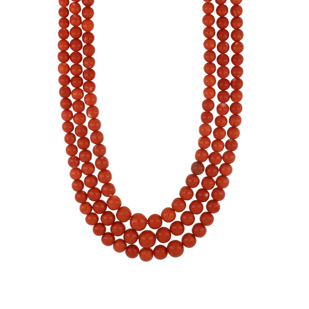 Estate 14K Gold Triple Strand Natural Coral Bead Necklace with