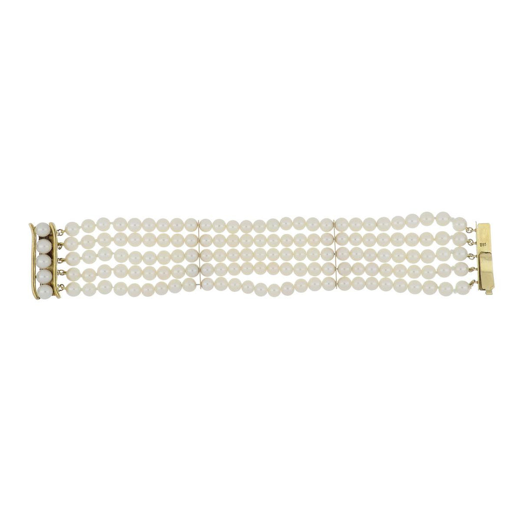 Estate 14K Gold 5-Strand Cultured Akoya Pearl Bracelet