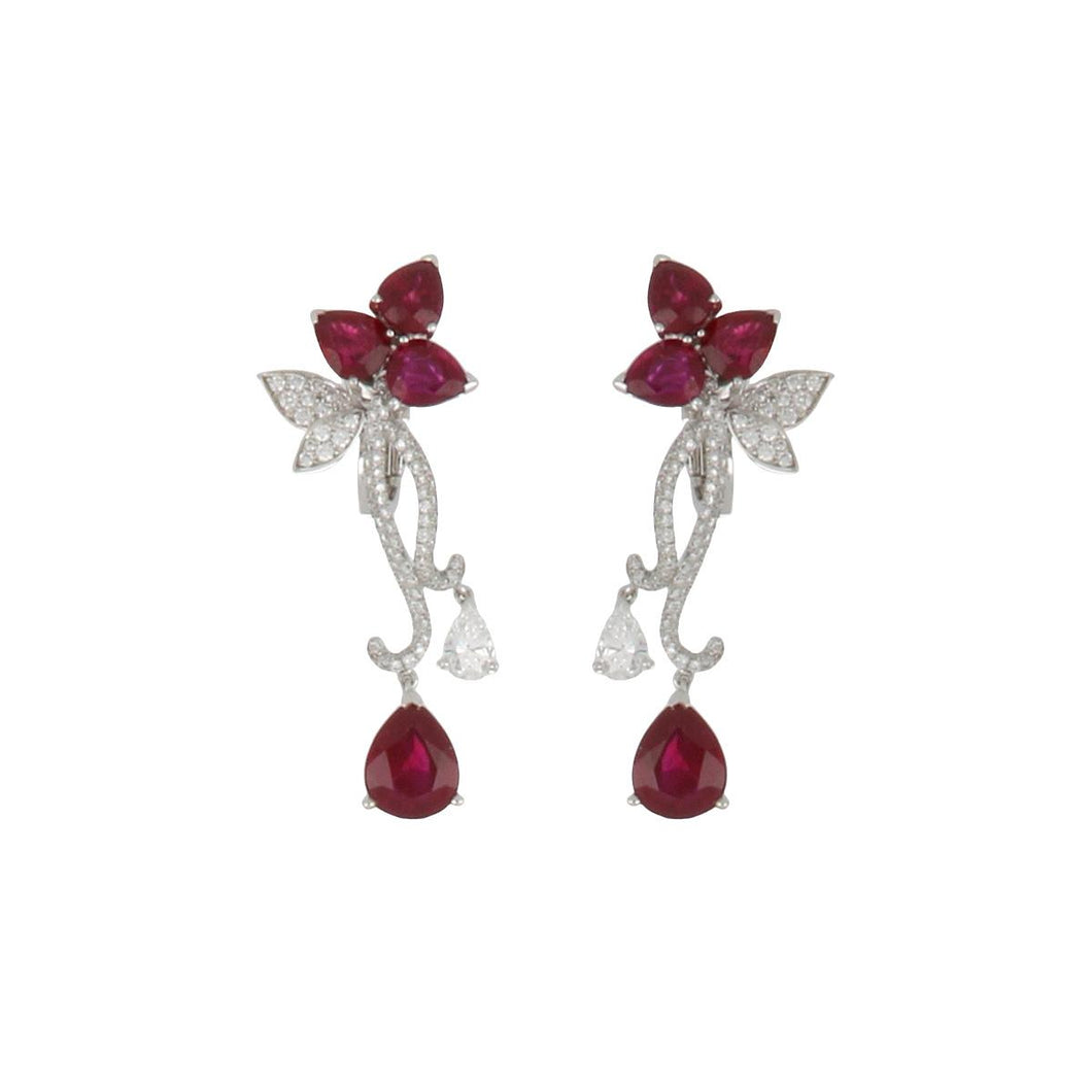 Estate French Platinum and 18K White Gold Ruby and Diamond Dangle Earrings