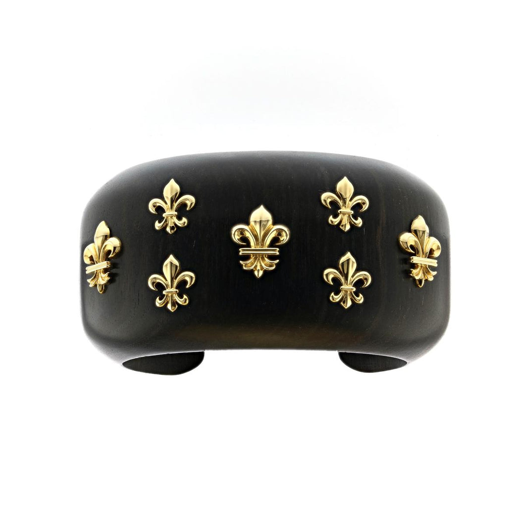 Estate Trianon 18K Gold Fleur-De-Lis Ebony Cuff Bracelet