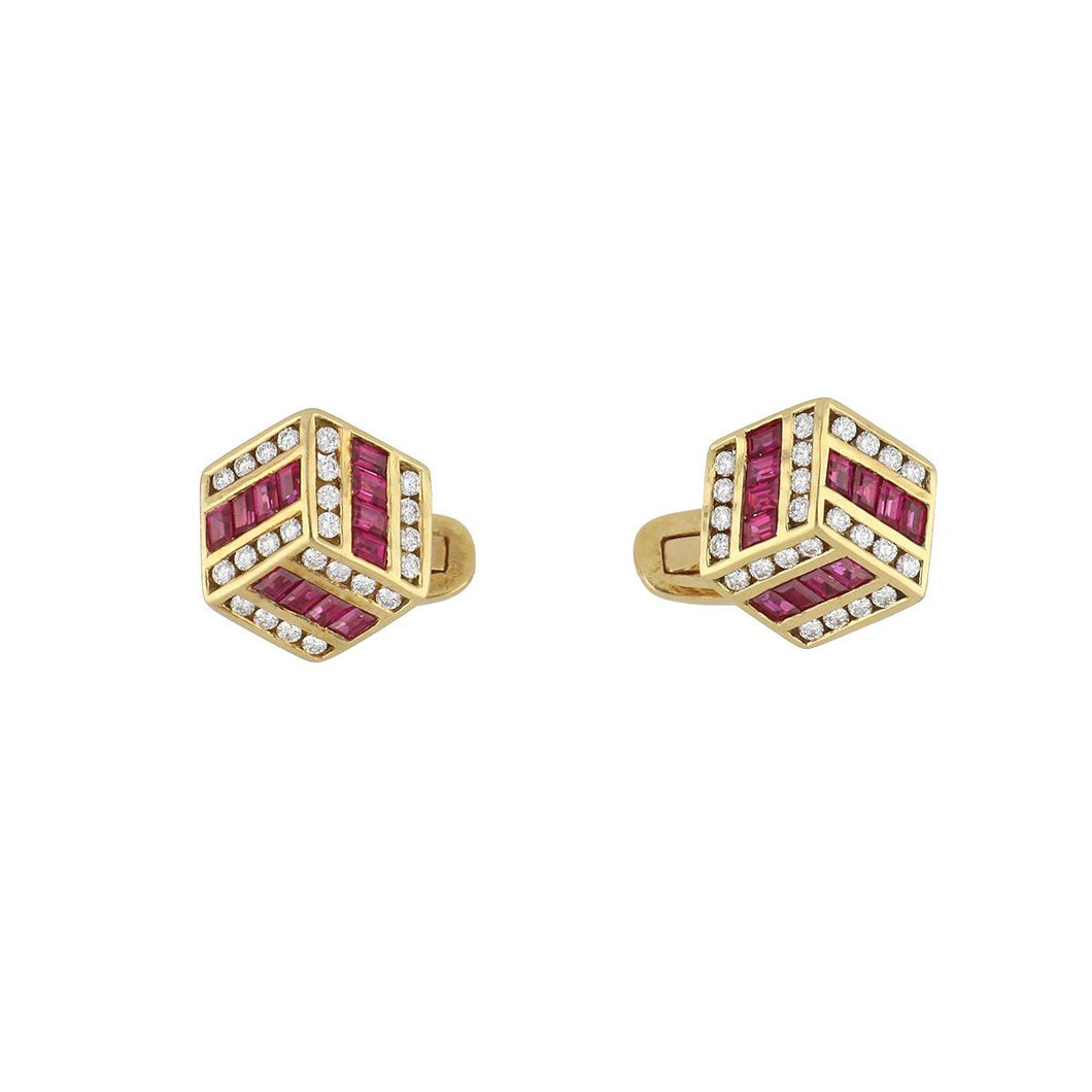 Estate 18K Gold Ruby and Diamond Cube Cufflinks with Four Studs
