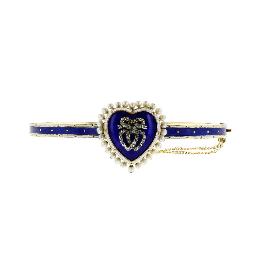 Early Victorian 14K Gold Blue and White Enamel Heart Bangle