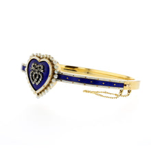 Load image into Gallery viewer, Early Victorian 14K Gold Blue and White Enamel Heart Bangle
