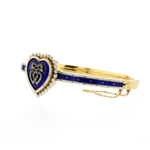 Early Victorian 14K Gold Blue and White Enamel Heart Bangle