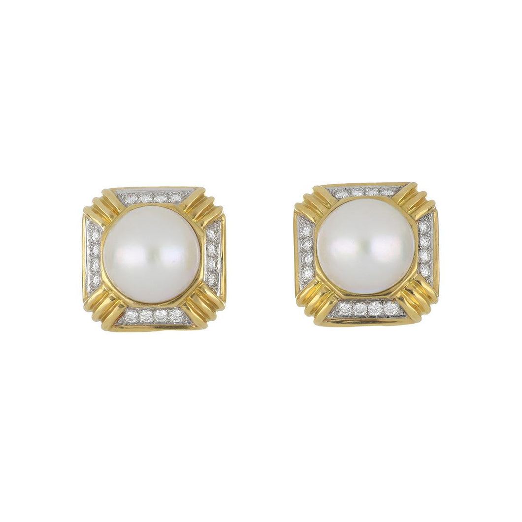 Estate 18K Gold and Platinum Mabé Pearl Earrings with Diamonds