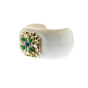 Vintage 1990s Verdura 18K Gold Maltese Cross Cuff Bracelet with Emeralds, Sapphires, Pearls and Diamonds