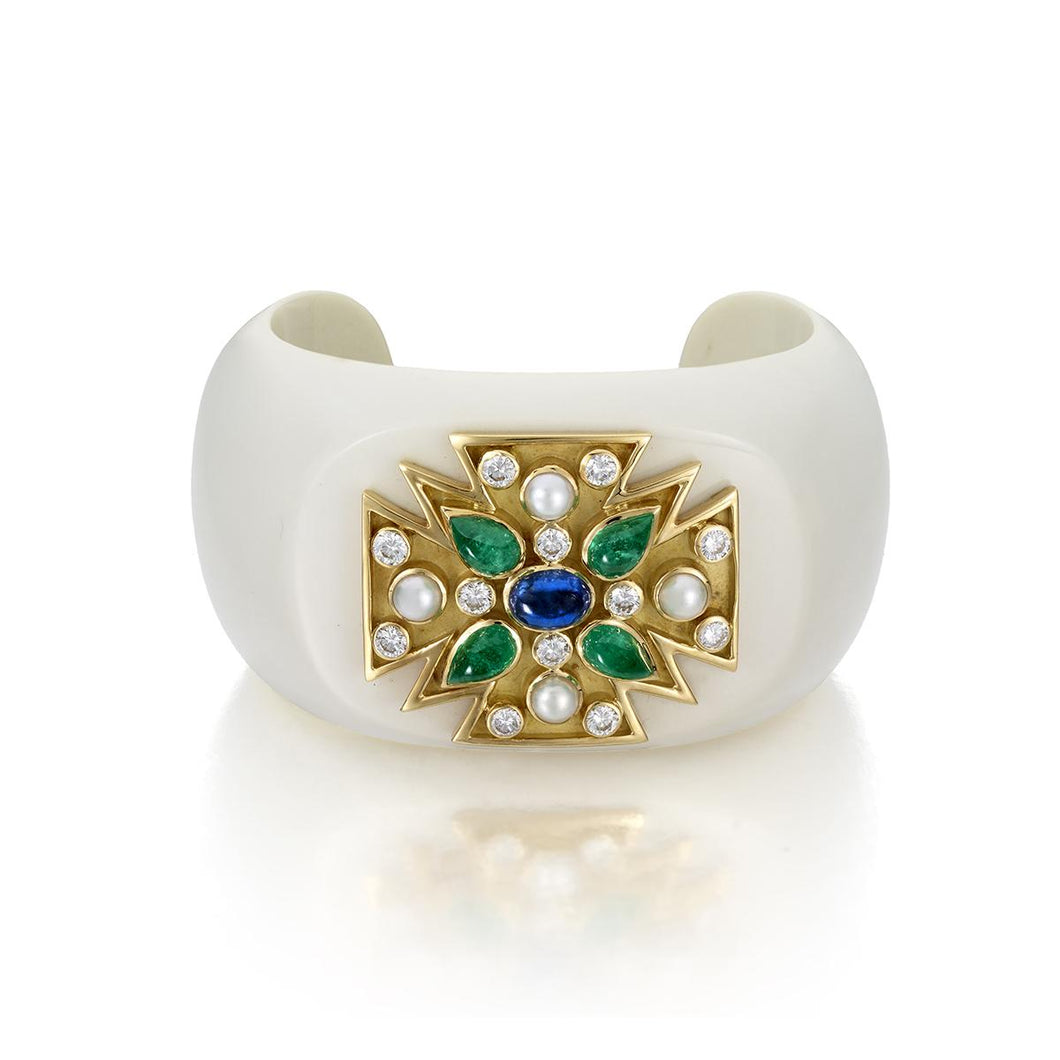 Vintage 1990s Verdura 18K Gold Maltese Cross Cuff Bracelet with Emeralds, Sapphires, Pearls and Diamonds