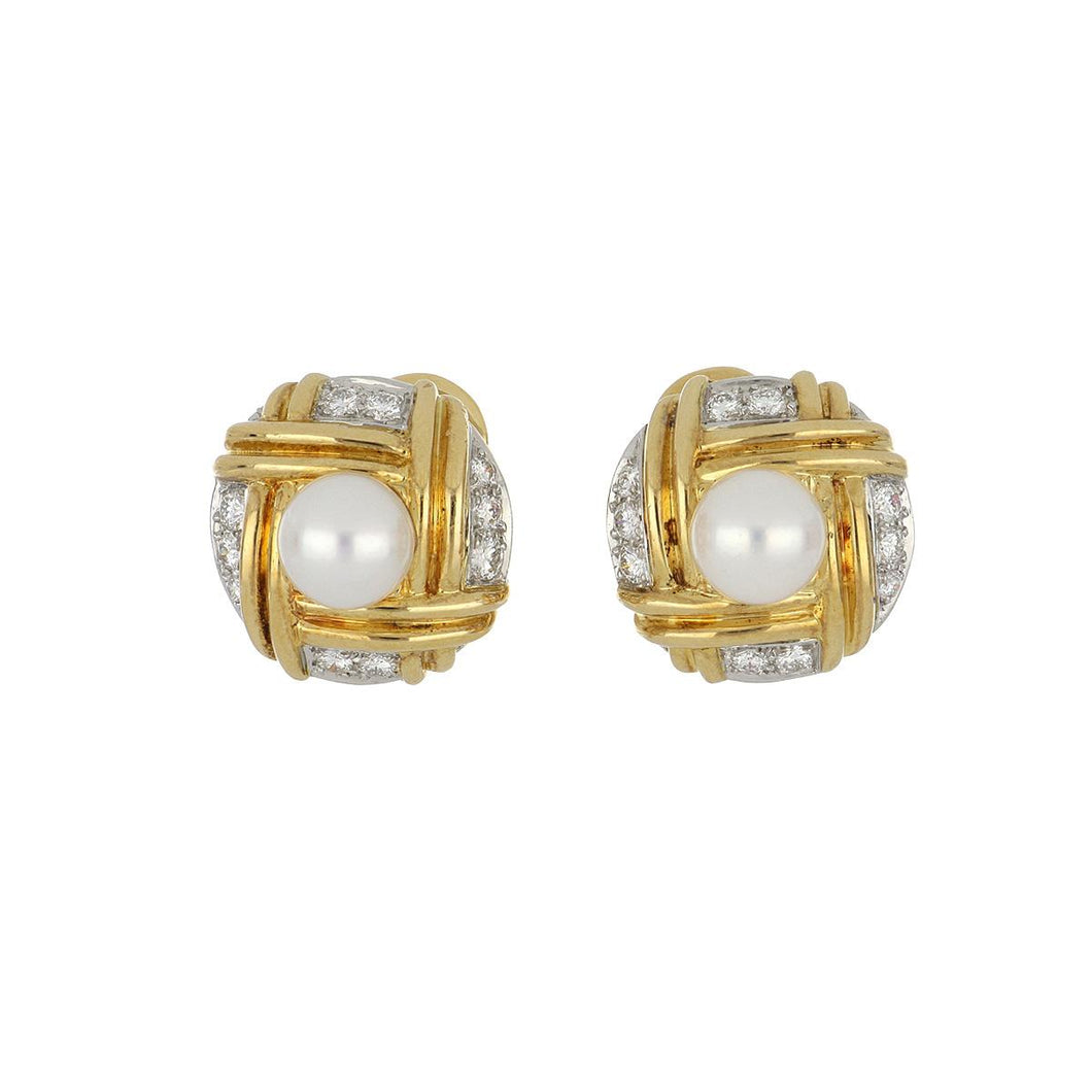 Estate Tiffany & Co. Platinum and 18K Gold Cultured Pearl and Diamond Button Earrings