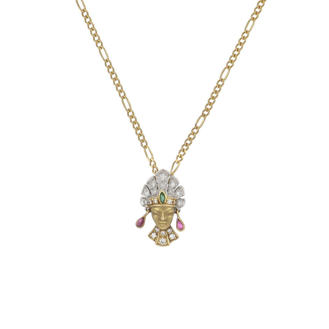 Estate Carrera Y Carrera 18K Two Tone Gold Lady with Head Dress Pendant Necklace