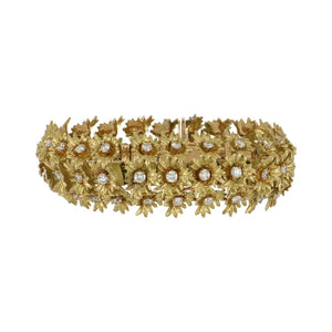 Vintage 1970s 18K Gold Stylized Chrysanthemum Bracelet with Diamonds