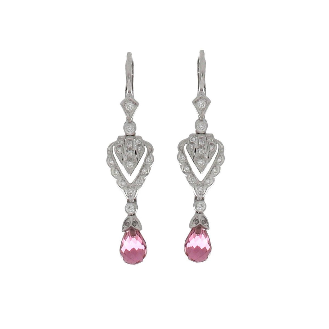 18K White Gold Art Deco Inspired Drop Earrings with Diamonds and Pink Tourmaline